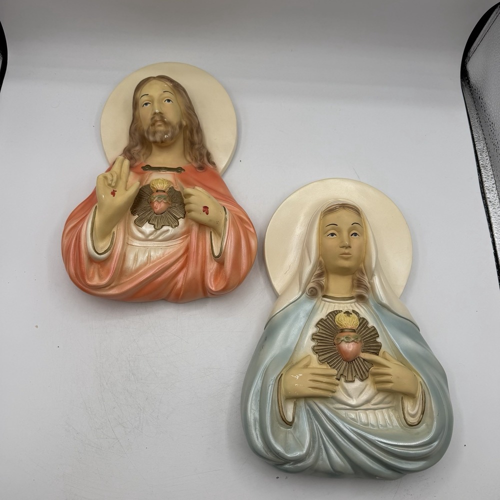 Vintage Mary & Jesus Chalkware Wall Hanging Plaques Sacred Heart Religious 50's